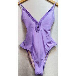 Shade & Shore Women's Plunge Front Crochet Trim One Piece Swimsuit Size M Blue